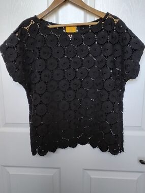 Ruby Rd. Black‎ Crochet Floral Short-Sleeve Top